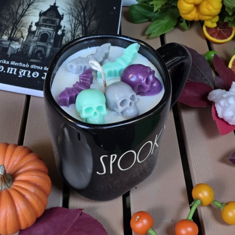 Rae Dunn ✦ Spooky Mug Candle ✦ XL Vanilla Soy Wax Skull & Bat Melts Ghost Lid